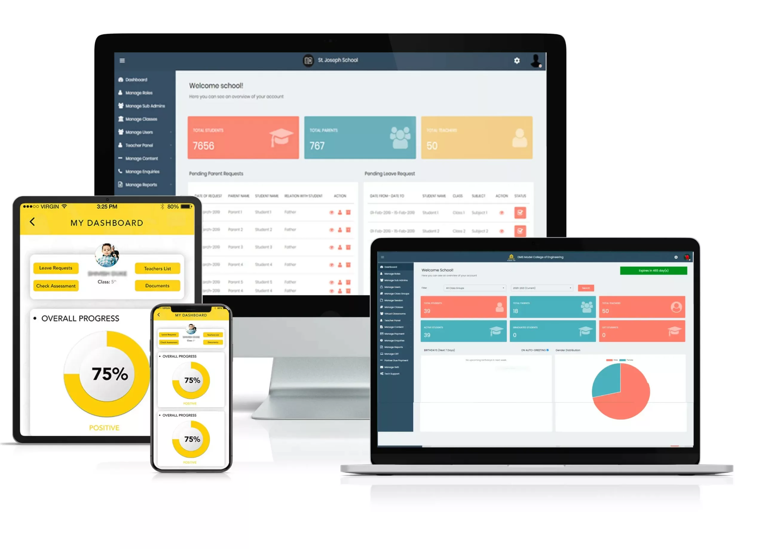 School management software dashboard with attendance, grades, and schedules.